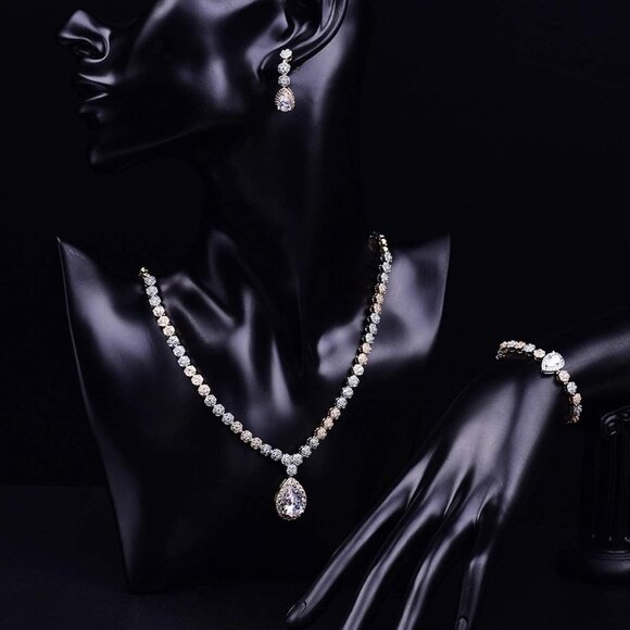 Women Hadskiss Jewelry Set Necklace Dangle Earrings Bracelet Set White Gold Set - Picture 5 of 6